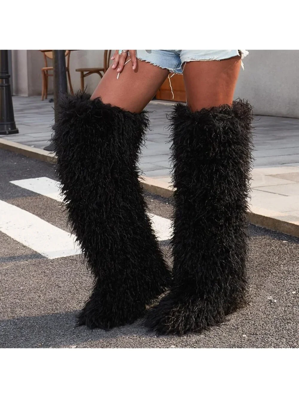 Women's Black Shaggy Faux Furry Fuzzy Fluffy Flat Knee-High Slouchy Snow Boot